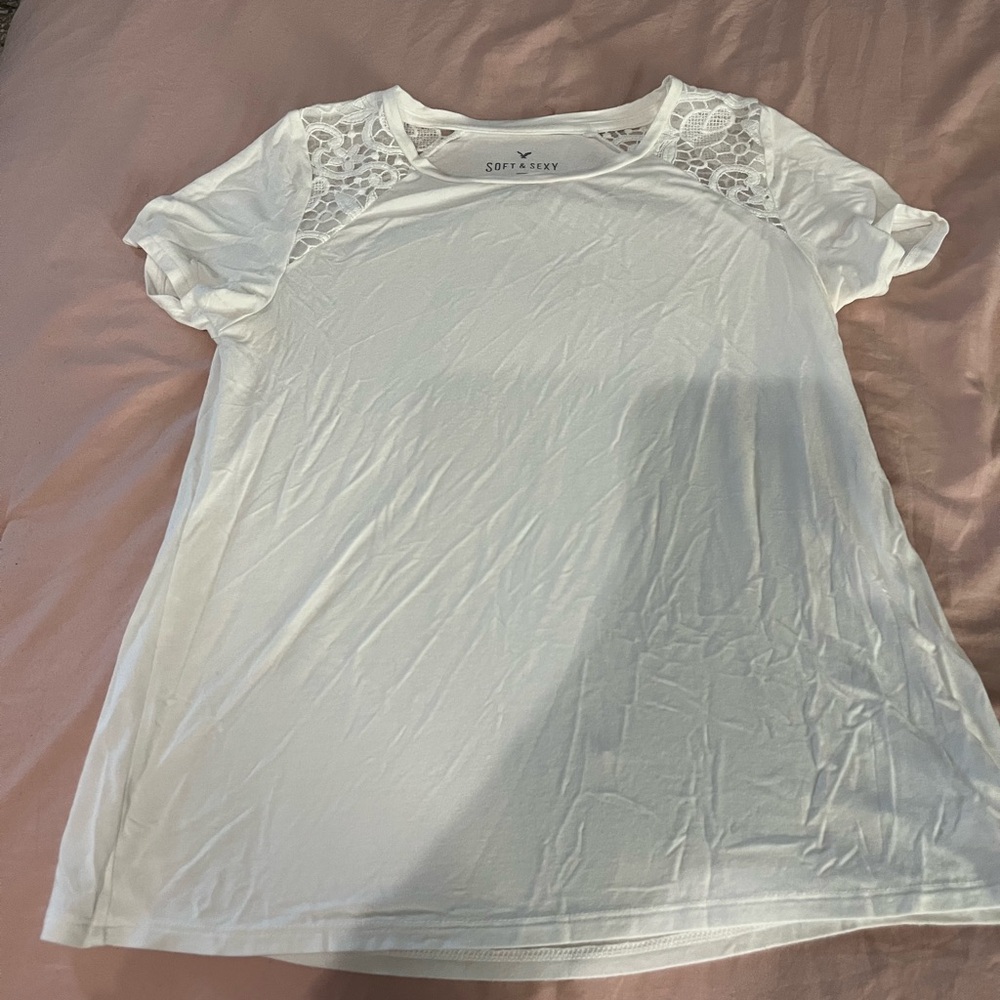 American Eagle Outfitters White Lace Accent Tee
